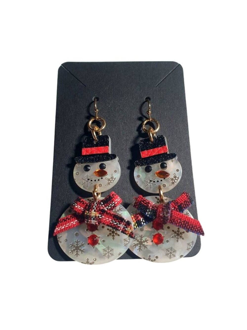 Snowman Drop Earrings Plaid Bow Holiday Festive Winter Accessory Snowflake Gift